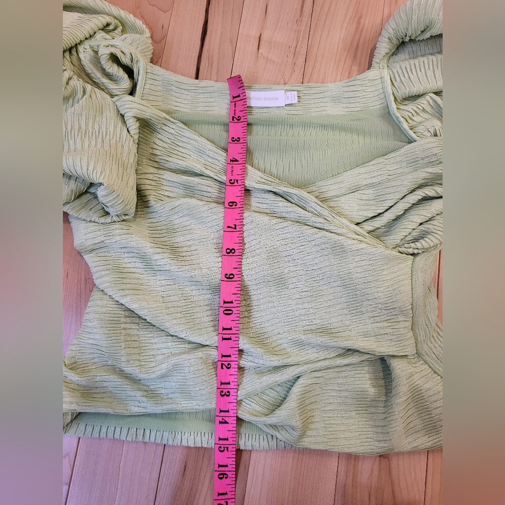 NWOT Jonathan Simkhai Green puff sleeve blouse with ruched wrap style - Picture 9 of 9